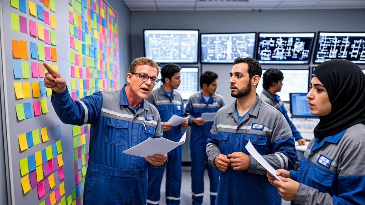 Operations team reviewing electronic PTW board with active permits at a UAE facility