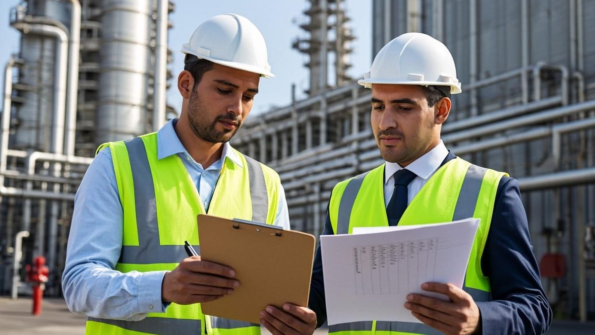 Supervisor and safety officer signing a permit to work document at a UAE industrial site