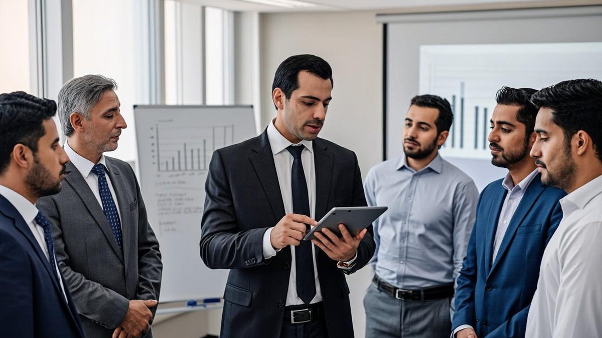 افسر HSE در حال بررسی تاییدیه ثبت Qudorat بر روی لپ تاپ در دفتر ابوظبی