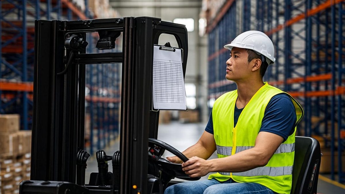 Reach truck extending its pantograph forks into warehouse racking at height
