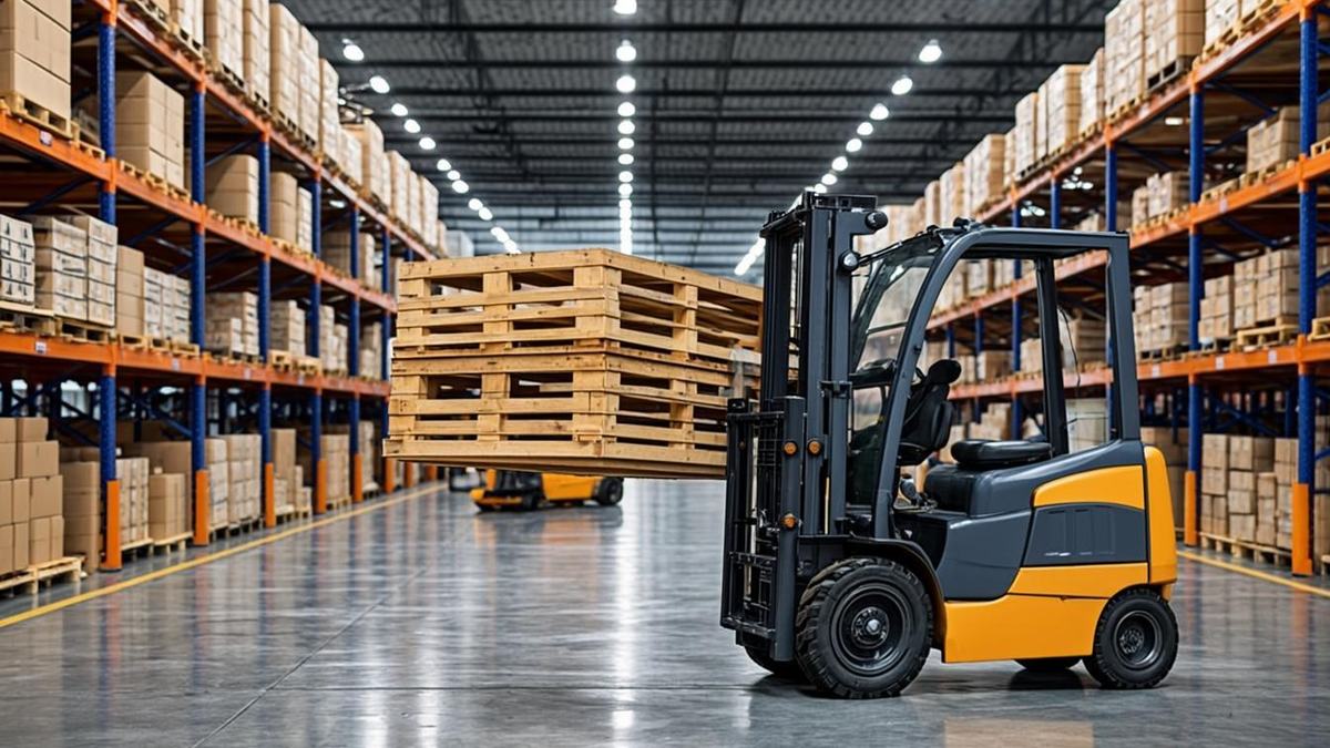 Reach truck operator checking load chart plate before lifting a pallet at height