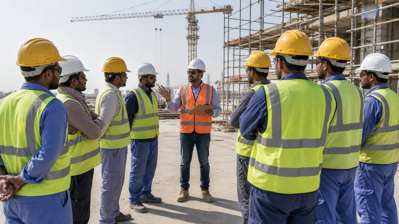 ناظر ایمنی در حال بررسی چک لیست ها با افسران در محل ساخت و ساز امارات