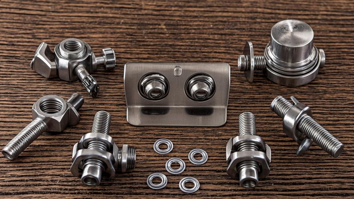 Assortment of double, single and swivel scaffolding clamps laid out for inspection