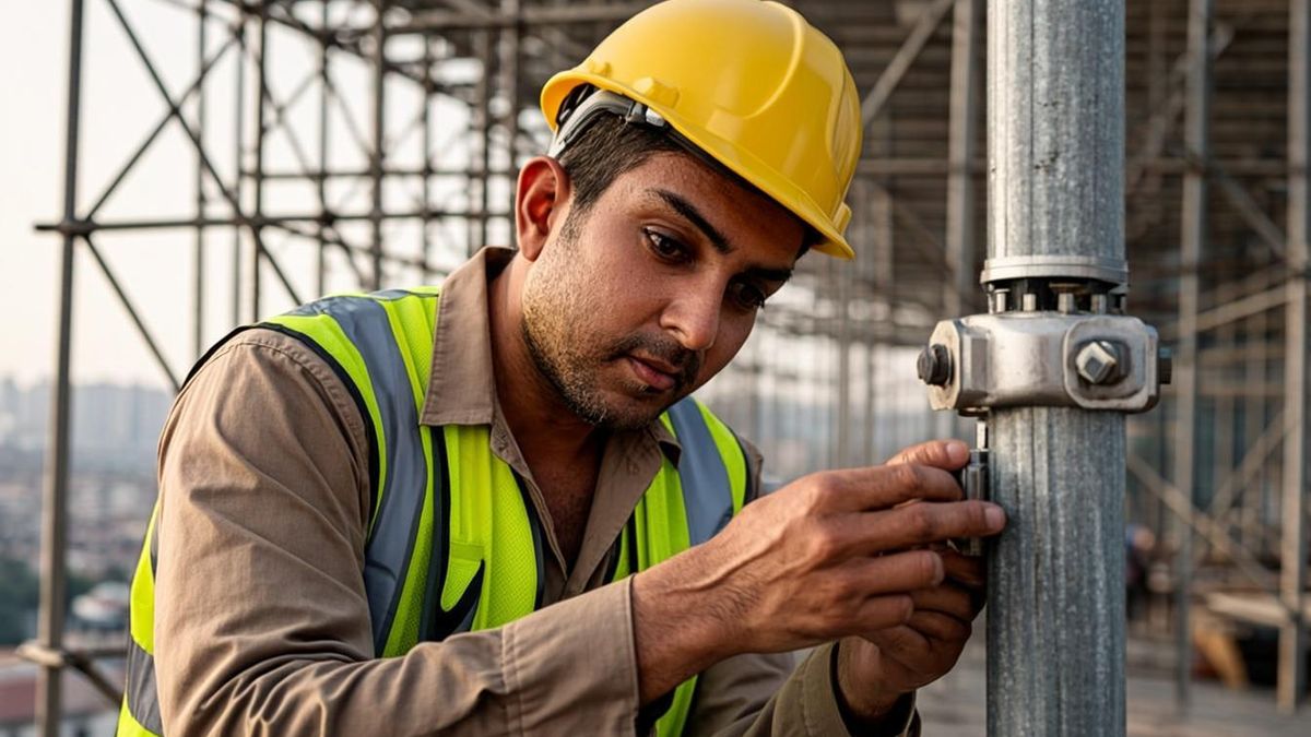 Scaffolding inspector examining a clamp connection on an erected scaffold in the UAE