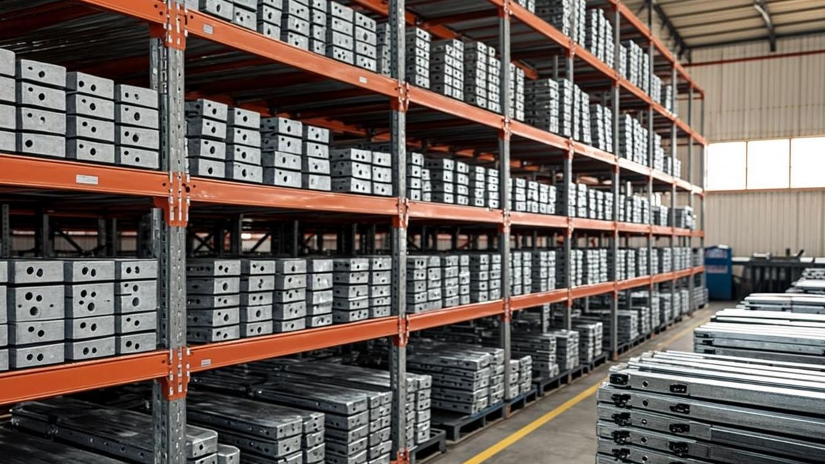 Shelves of galvanised scaffolding clamps stocked at a UAE supply warehouse