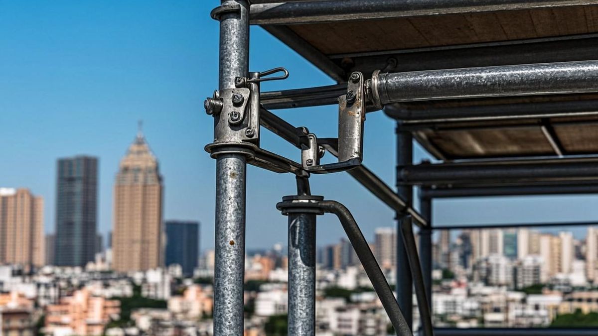Hook-on aluminium scaffolding ladder clipped to transom and ledger on UAE site