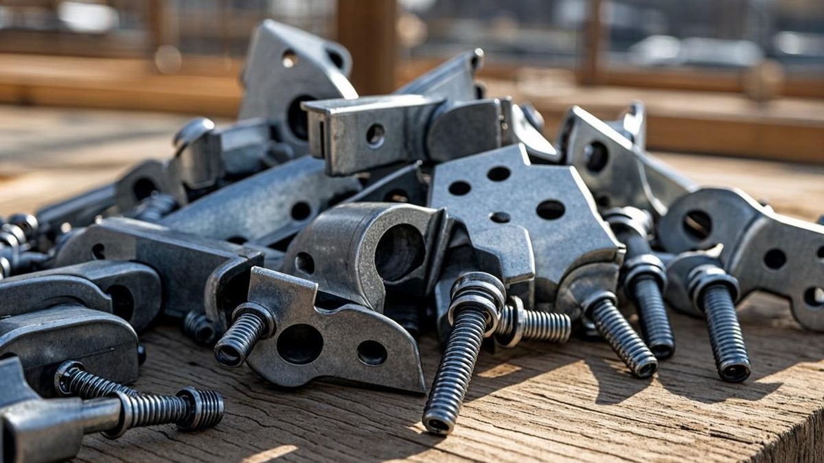 Pile of scaffolding couplers and base jacks on site boards