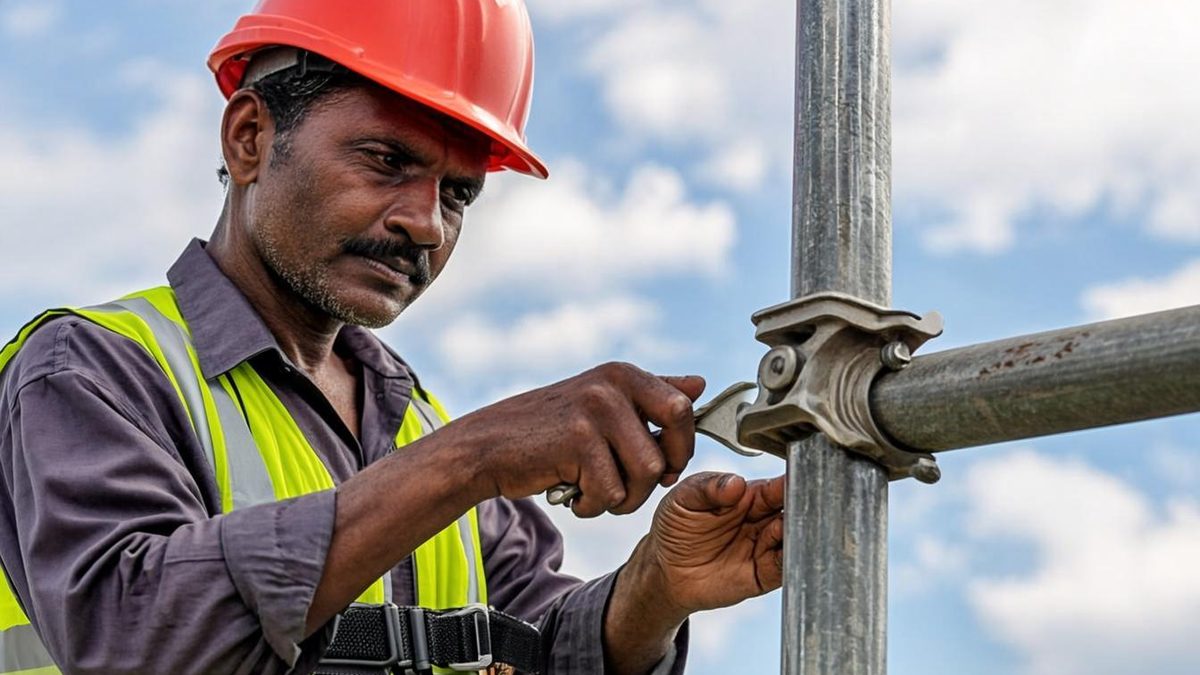 Scaffolder in harness fixing a tube with a coupler at height