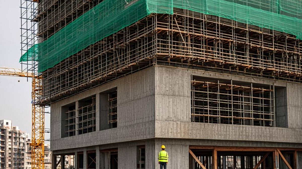 Multi-lift scaffold facade with debris netting on a UAE high-rise