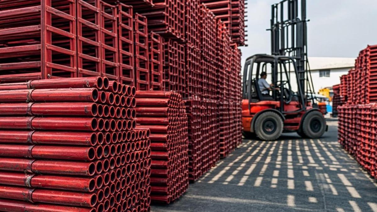 Cuplock system scaffolding loaded in a UAE rental yard ready for delivery