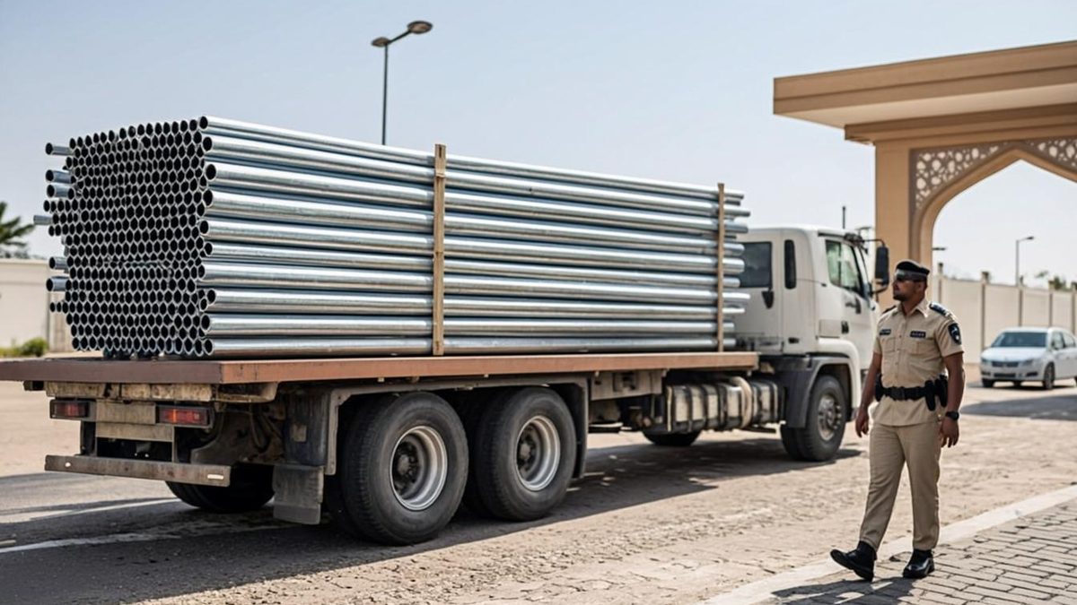 Scaffolding delivery truck arriving at a UAE construction site gate