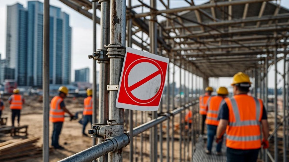Close-up of a red do-not-use scaffolding tag on a UAE construction scaffold