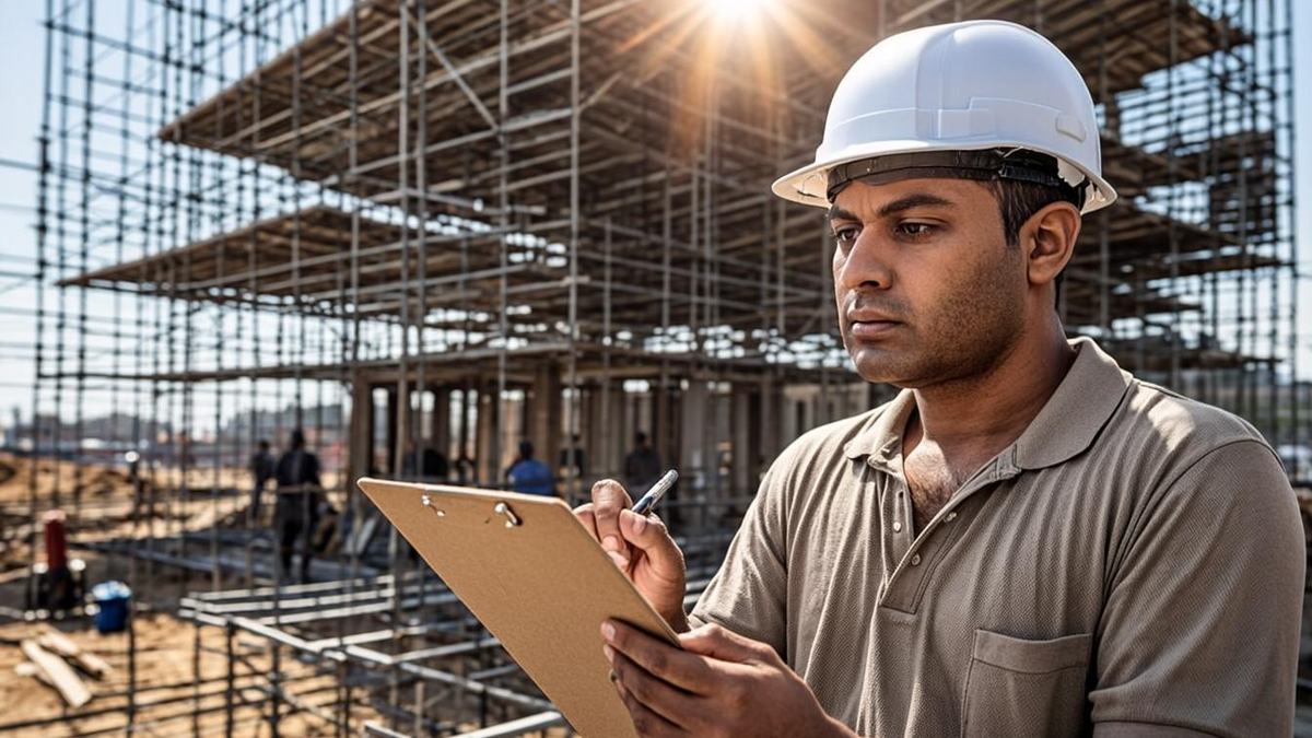 HSE officer updating a scaffold inspection register on a UAE site