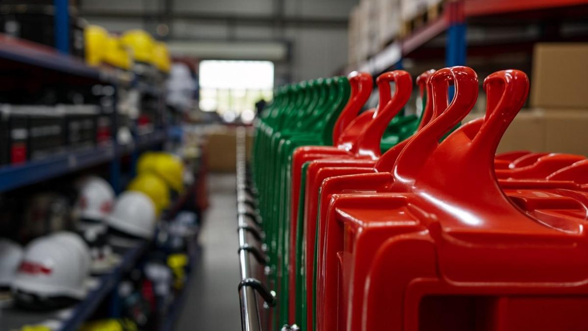 Rack of coloured scaffolding tag holders and inspection cards at a UAE safety store