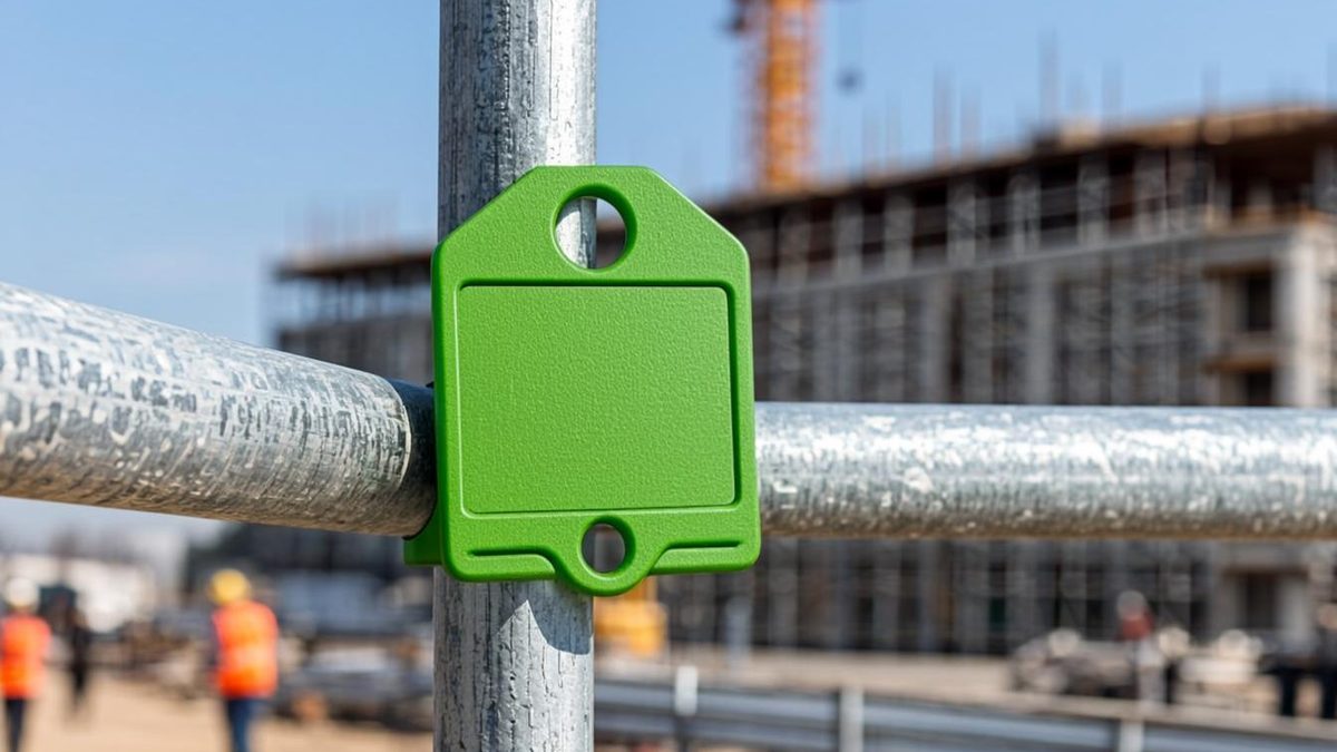 Green scaffolding inspection tag in a holder fixed to scaffold tube on a UAE site