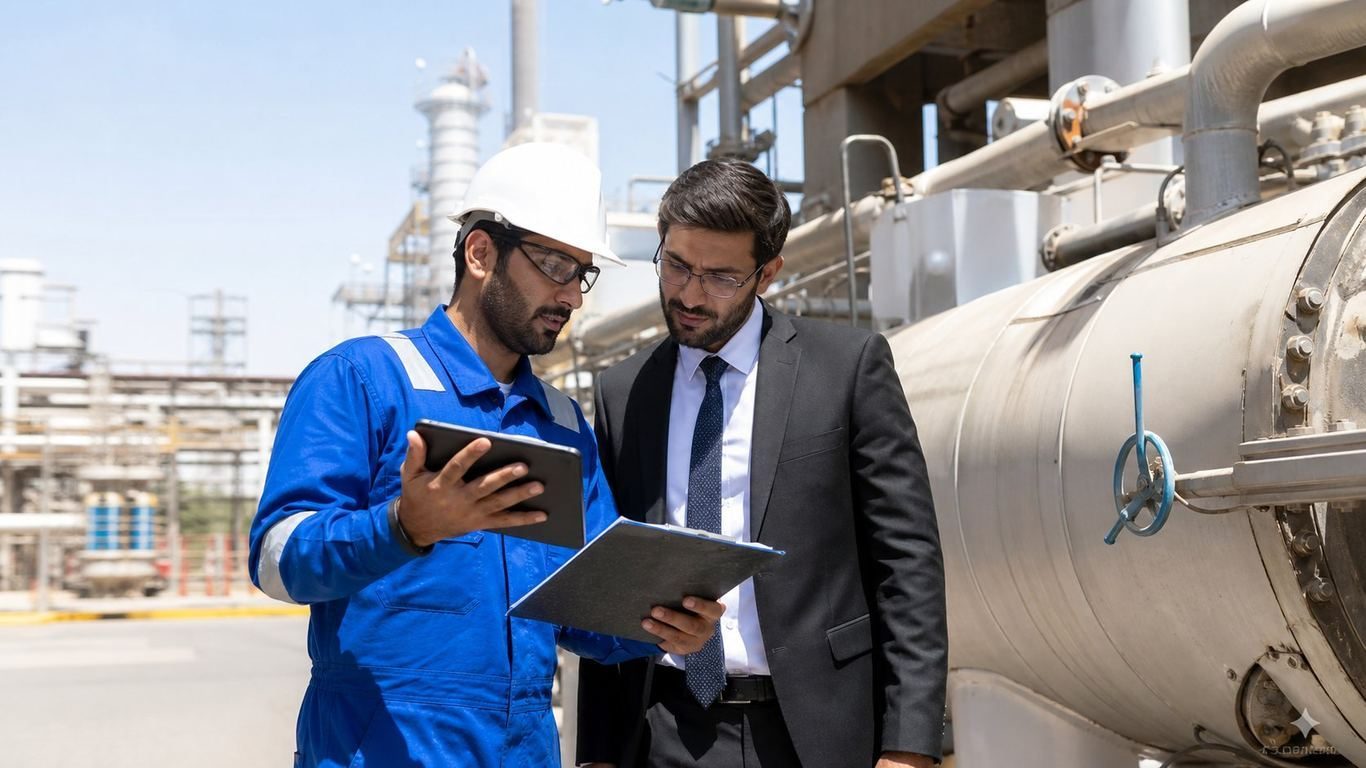 بازرس شخص ثالث در حال بررسی تجهیزات و نقل قول در کارخانه امارات