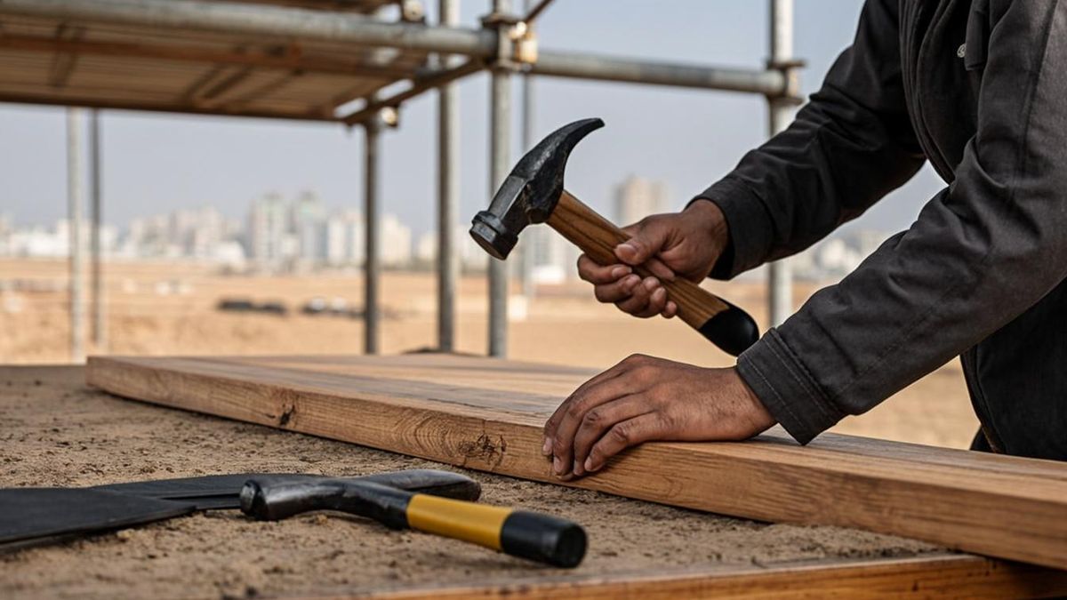 Steel formed toe boards stacked beside scaffold components in a UAE yard