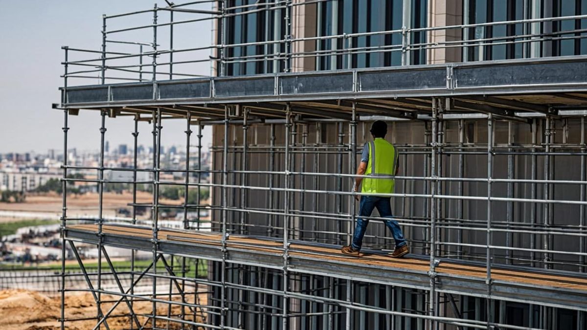 Complete edge protection set of guardrail mid-rail and toe board on scaffold platform in Abu Dhabi