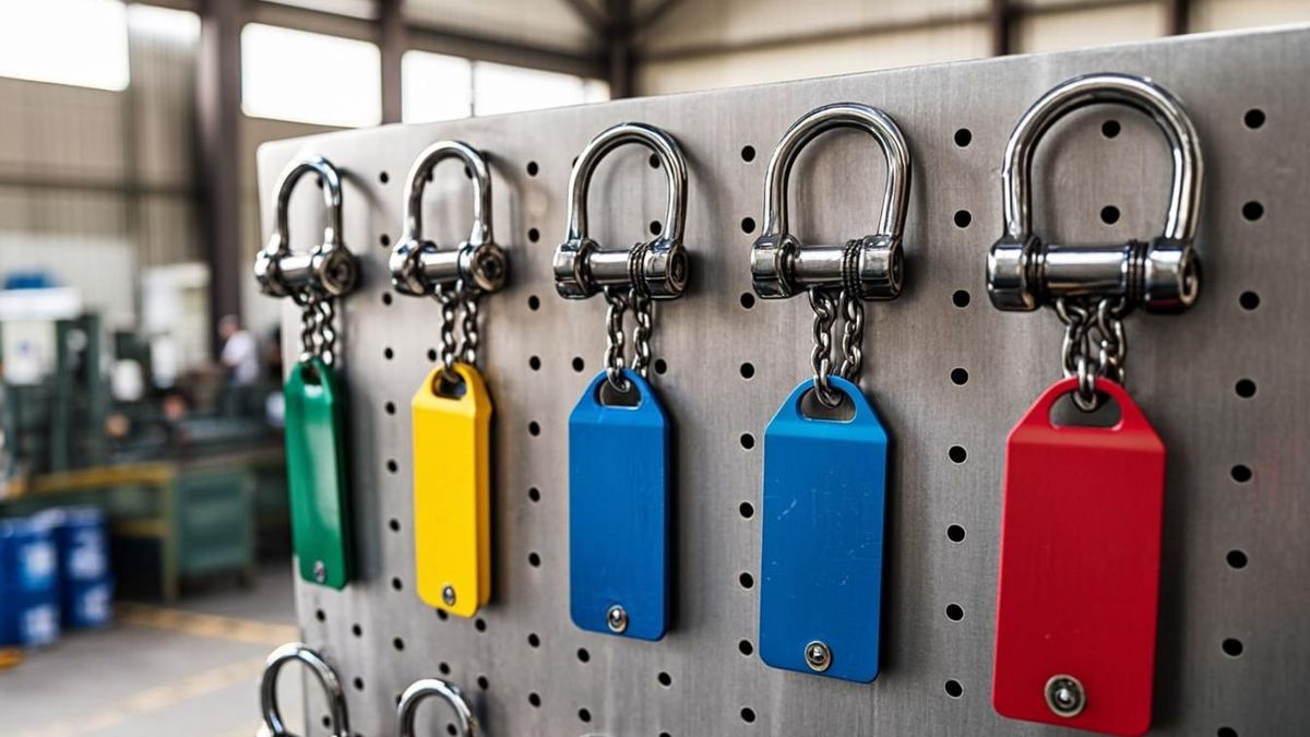 Colour coded inspection tags on slings and shackles beside a TPI report folder on a UAE site