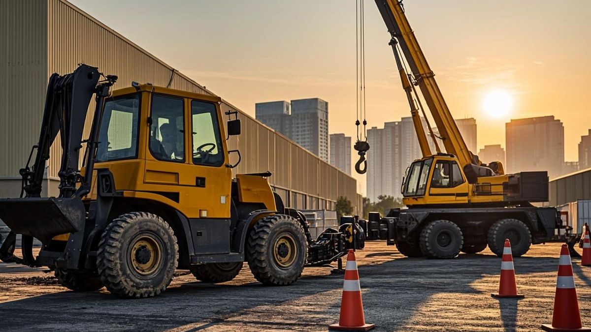 Auditor and site manager reviewing lifting equipment certificates beside a forklift in Dubai warehouse